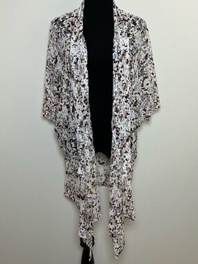 Torrid | Lacey White Draped Kimono Cardigan with Brown & Blue Abstract Print